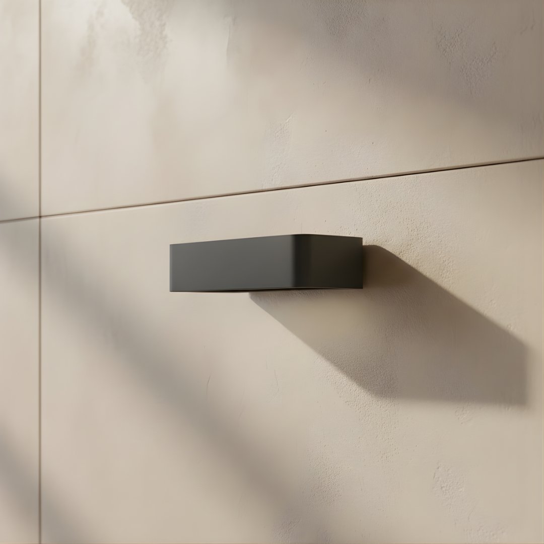 sleek-box-wall-light-day-view Modern Design LED Sleek Box Wall Light, Grey Aluminium Outdoor Wall Fixture - Image 1