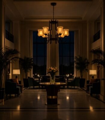 amberline 6 lamp chandelier night view